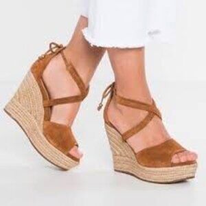 UGG Women's Reagan Suede Ankle Tie Jute Wedged Sandals - Black size 8.5